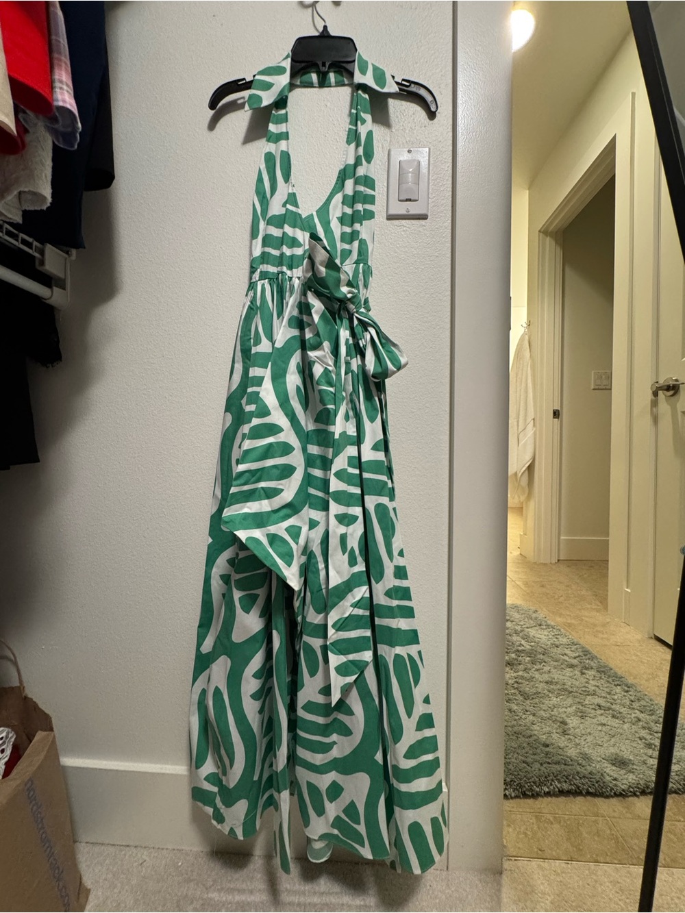 Diane Von Furstenberg Green & White Patterned Halter Maxi Dress